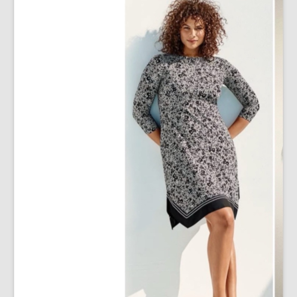 J Jill Dress L 3/4 Sleeve Tan Floral Scarf Hem Boho Lagenlook Minimalist Easter